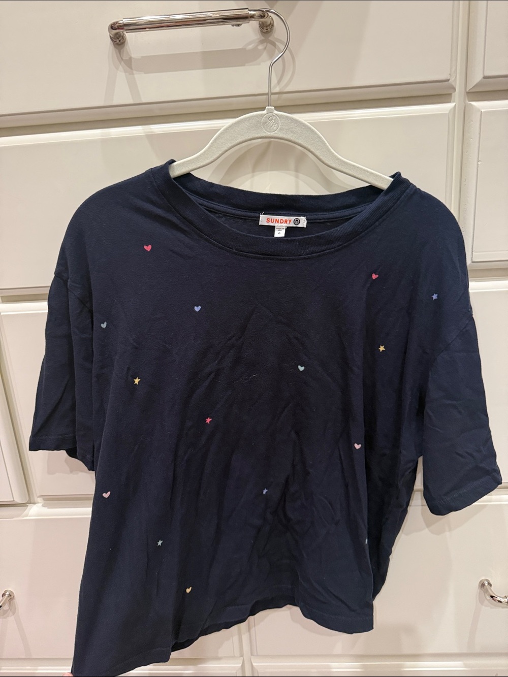 Sundry Navy Short-Sleeve Tee with Tiny Heart & Star Motifs cropped